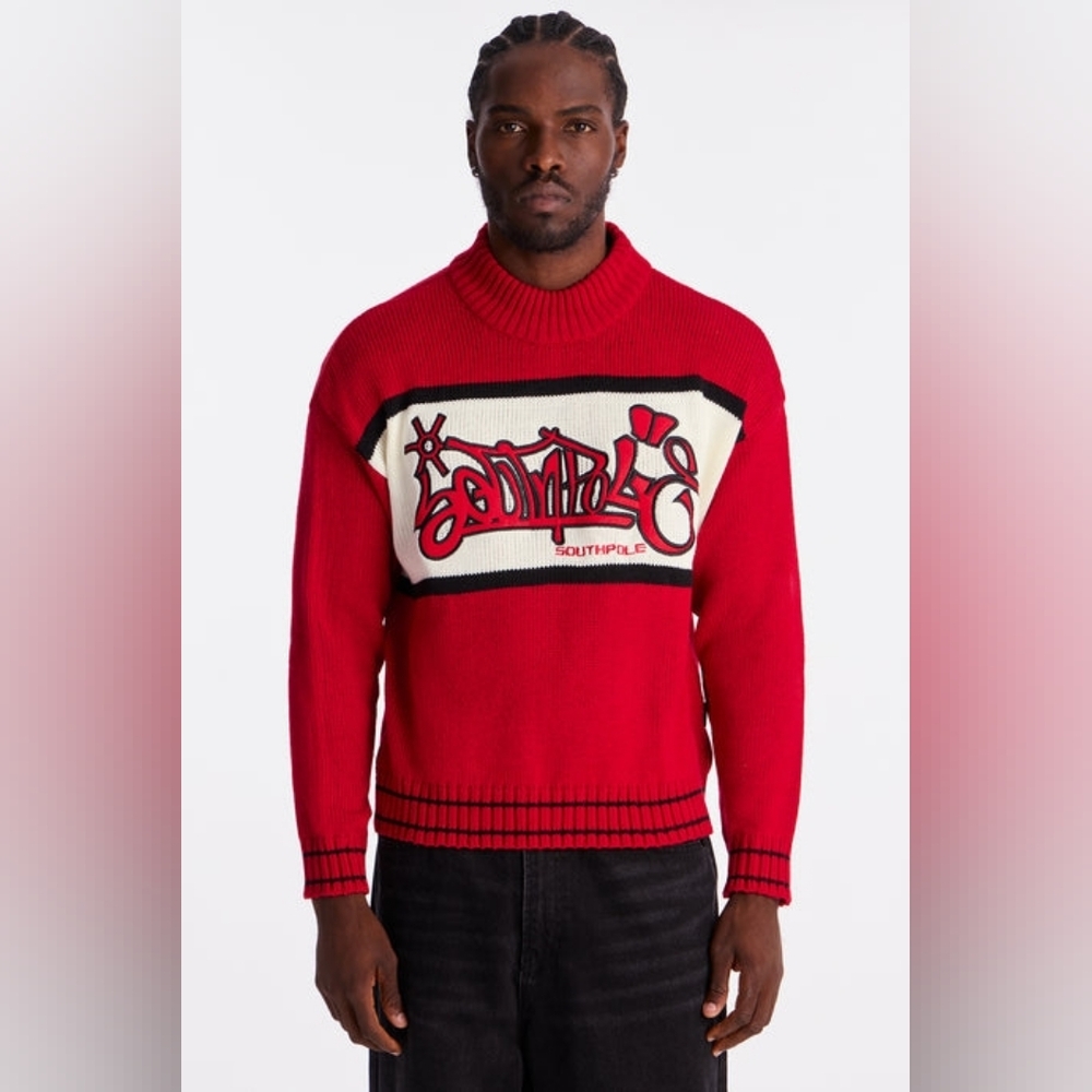 Southpole 🎁 Turtleneck Pullover Sweater Red, White & Black